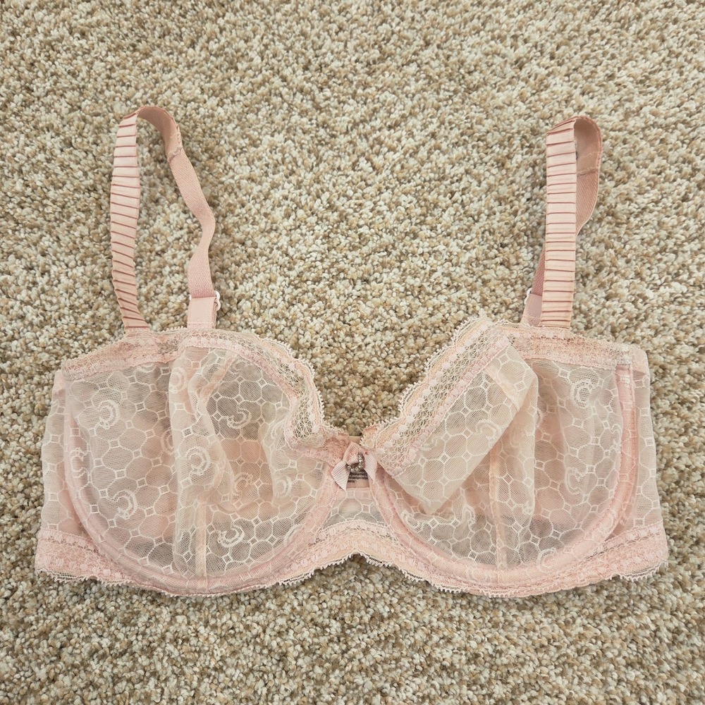 Chantelle 3645 C Chic Unlined Demi Underwire Sheer Bra Size 32E Pale Pink Lace